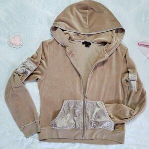 Tan Velour/Satin Y2K Women’s Full Zip Cropped Hoodie (L)